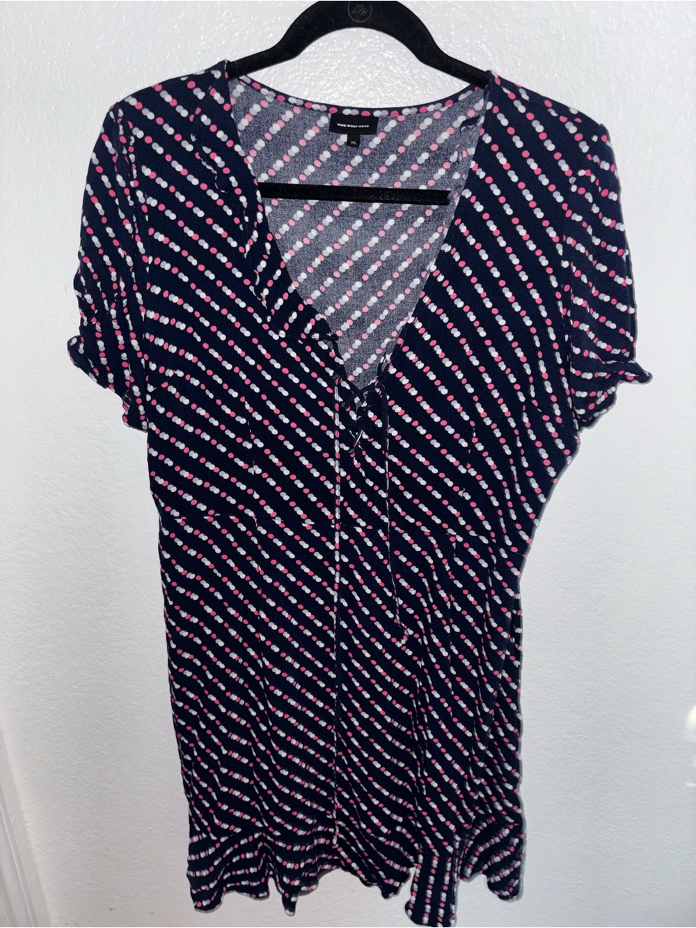 Womens Navy Polka-Dot V-Neck Flowy Sundress - Pink & White Dot Print
